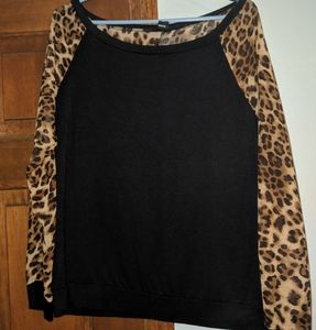 Leopard Sleeve Windsor Top - medium - black body sheer leopard print sleeves